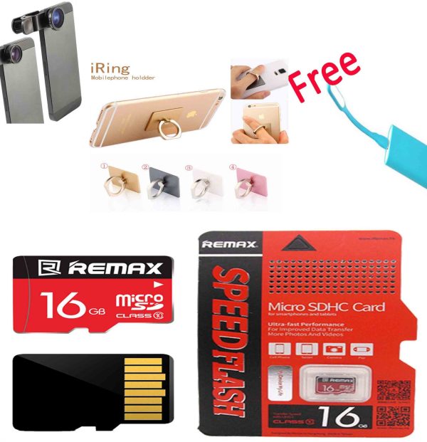 Pack of 3: Original 16 GB Remax Speed Flash Class 10 + Camera Lens + Mobile Ring Stand (Free LED USB Light)